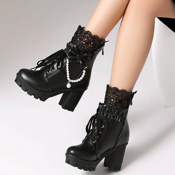 Women's Faux Leather Platform Ankle Boots with Pearl Chain Bow 8 - Picture 5 of 9